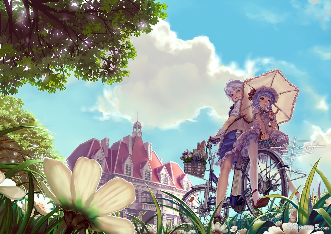 le blue_eyes blue_hair building flowers geister izayoi_sakuya pantyhose red_eyes.jpg