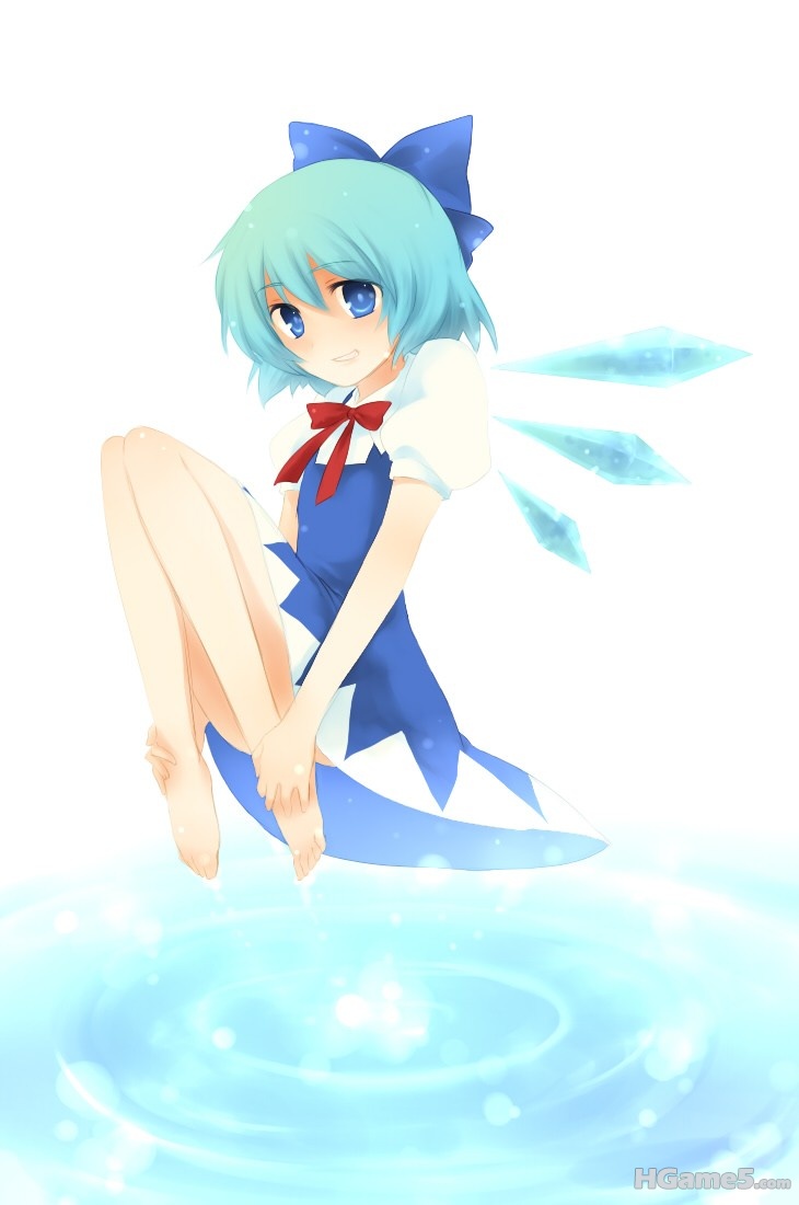 p499343_barefoot blue_eyes blue_hair cirno dress feet meimone ribbon smile touho.jpg