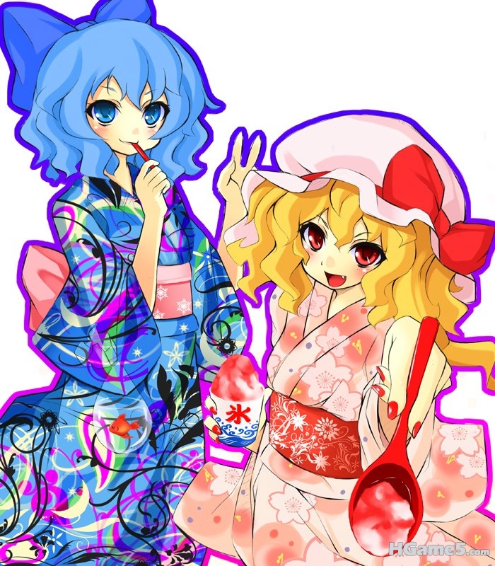 p542435_2girls blonde_hair blue_eyes blue_hair cirno flandre_scarlet food hat ja.jpg
