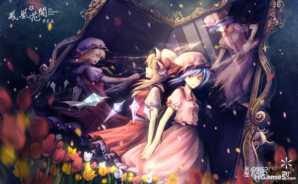 Konachan.com - 79007 blonde_hair blue_hair dress fang flandre_scarlet flowers ha.jpg