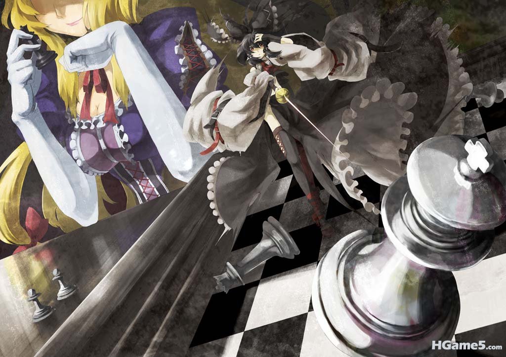 Konachan.com - 81215 9ji_(pixiv) black_hair blonde_hair dress gloves hakurei_rei.jpg