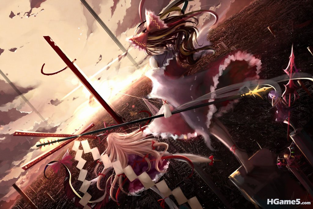Konachan.com - 81953 barefoot blonde_hair city clouds dress flandre_scarlet haku.jpg