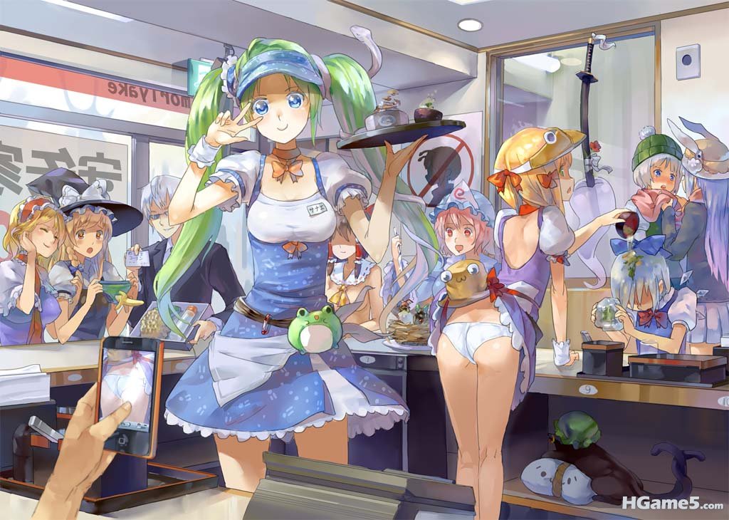 Konachan.com - 92016 77gl blonde_hair blue_eyes camera chen cirno food green_hai.jpg