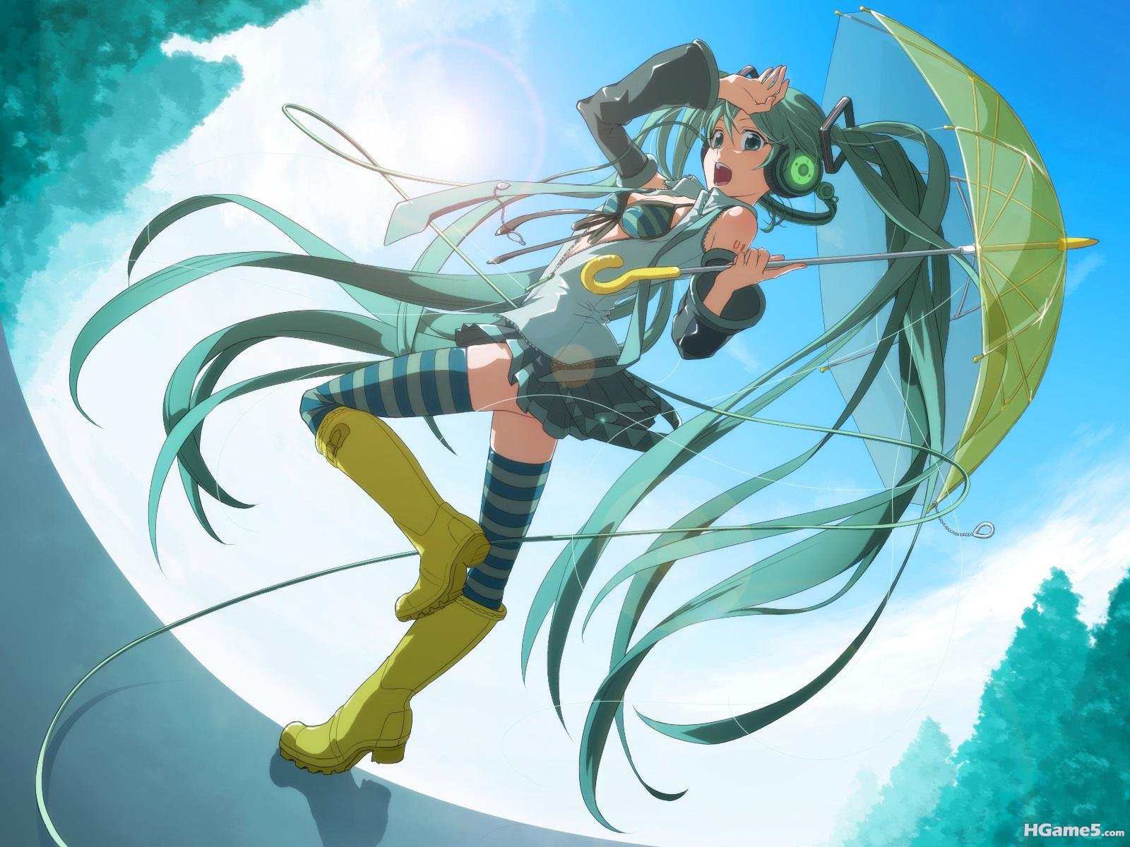 boots bra cleavage hatsune_miku headphones hima_(ab_gata) long_hair skirt thighh.jpg