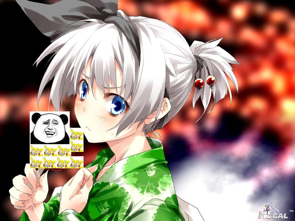 - 108988 apple blue_eyes bow food gray_hair headband japanese_clothes kimono kon.jpg