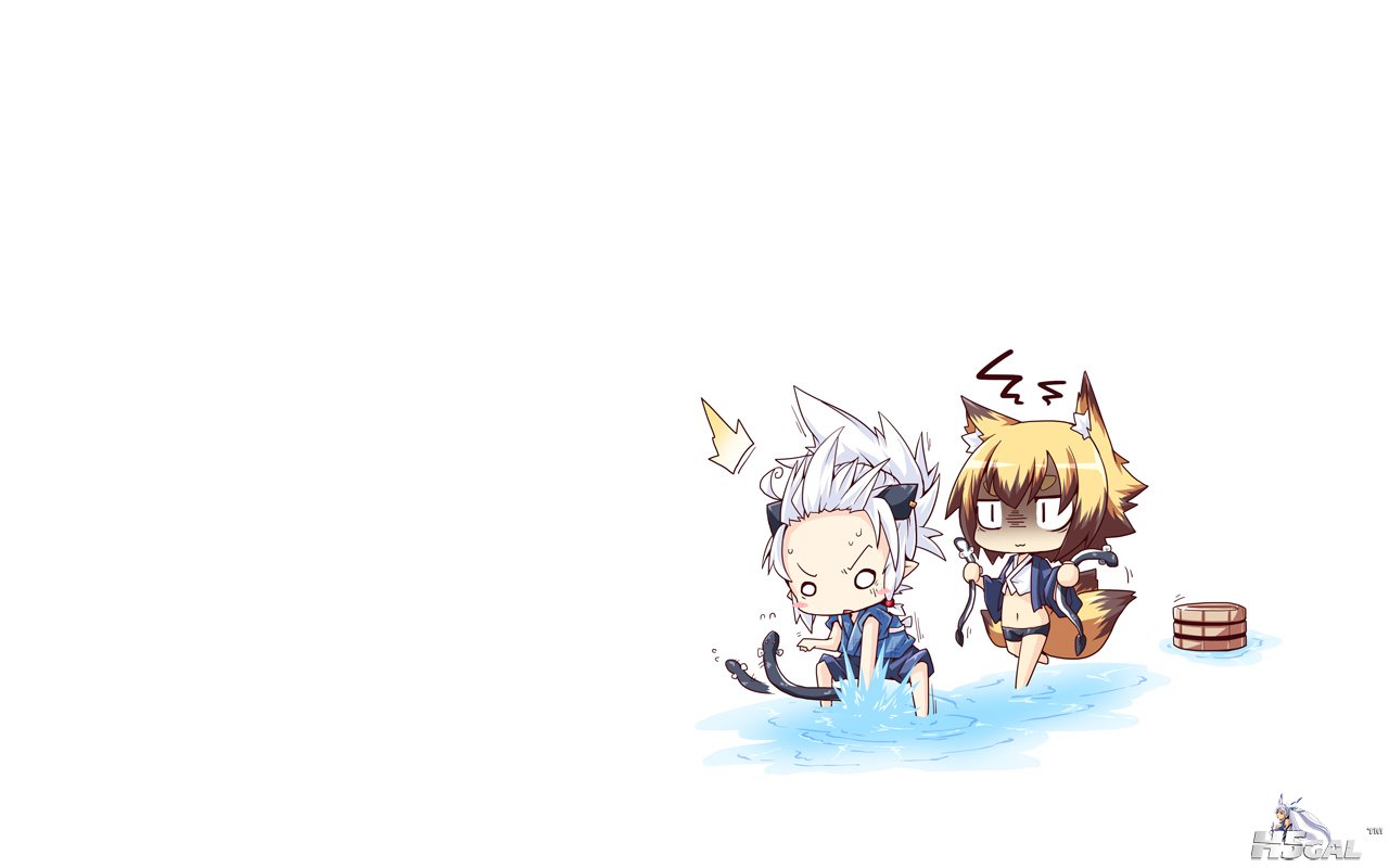 2girls animal_ears blonde_hair chibi foxgirl gray_hair original reku sanbi_(char.jpg