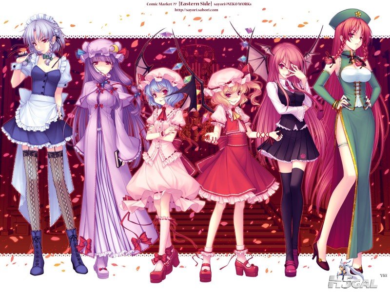 blue_hair dress gray_hair group koakuma long_hair purple_hair red_eyes red_hair .jpg