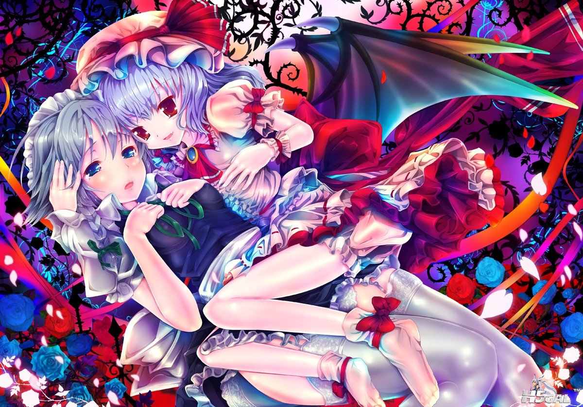 p671320_2girls bat_wings blue_eyes braid flower garter_belt izayoi_sakuya maid p.jpg