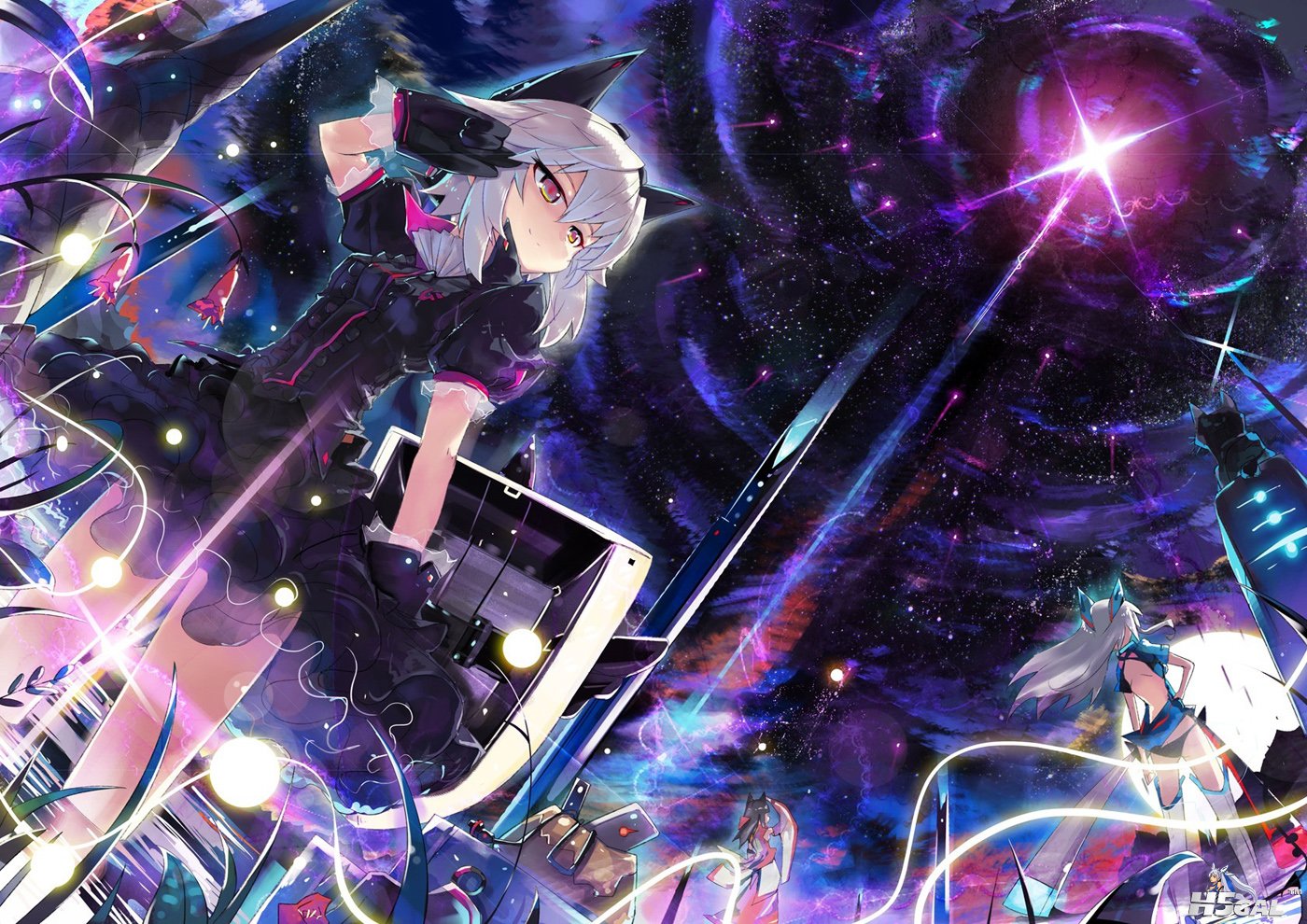 Konachan_com - 139156 3girls black_hair gloves gray_hair long_hair original pink.jpg