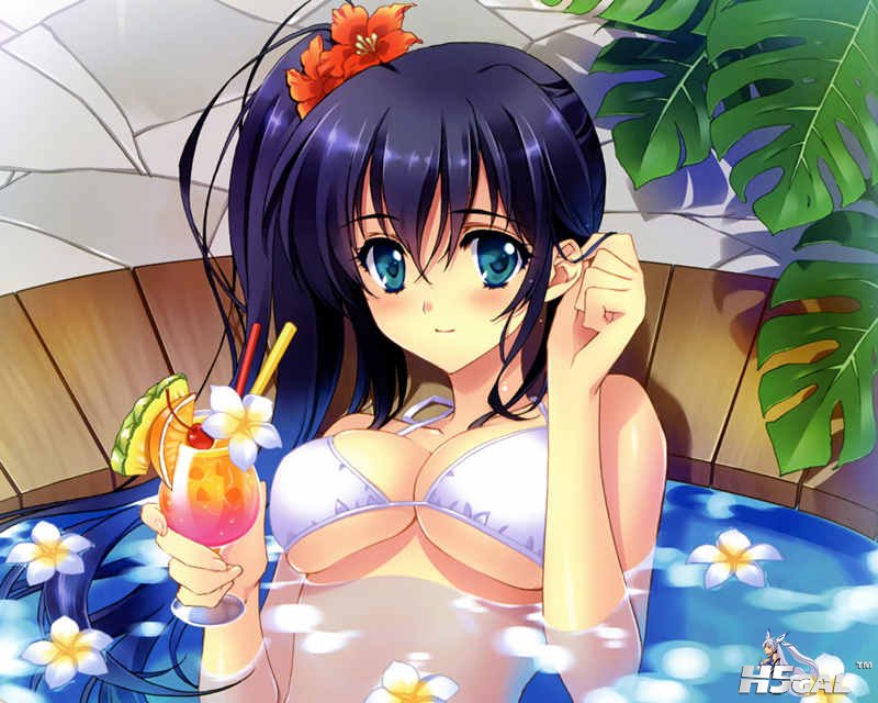 konachan 139892 bikini carnelian cleavage drink flowers green_eyes original pool.jpg