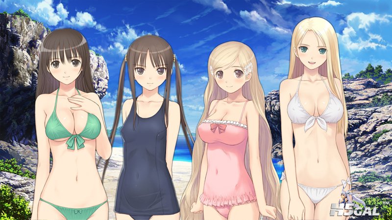 konachan 138981 beach bikini black_hair blonde_hair cleavage date_wingfield_reik.jpg
