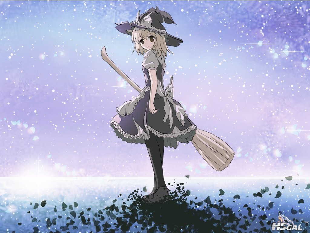 londe_hair bow dress hat kirisame_marisa long_hair pantyhose petals risutaru sky.jpg