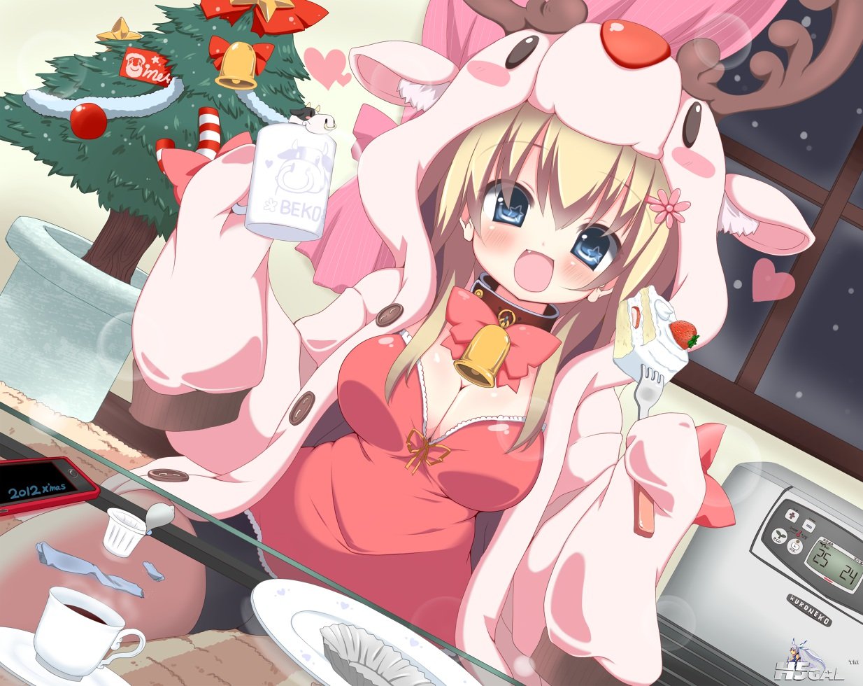 Konachan_com - 149836 blonde_hair blush christmas cleavage food kuronekogata original.jpg
