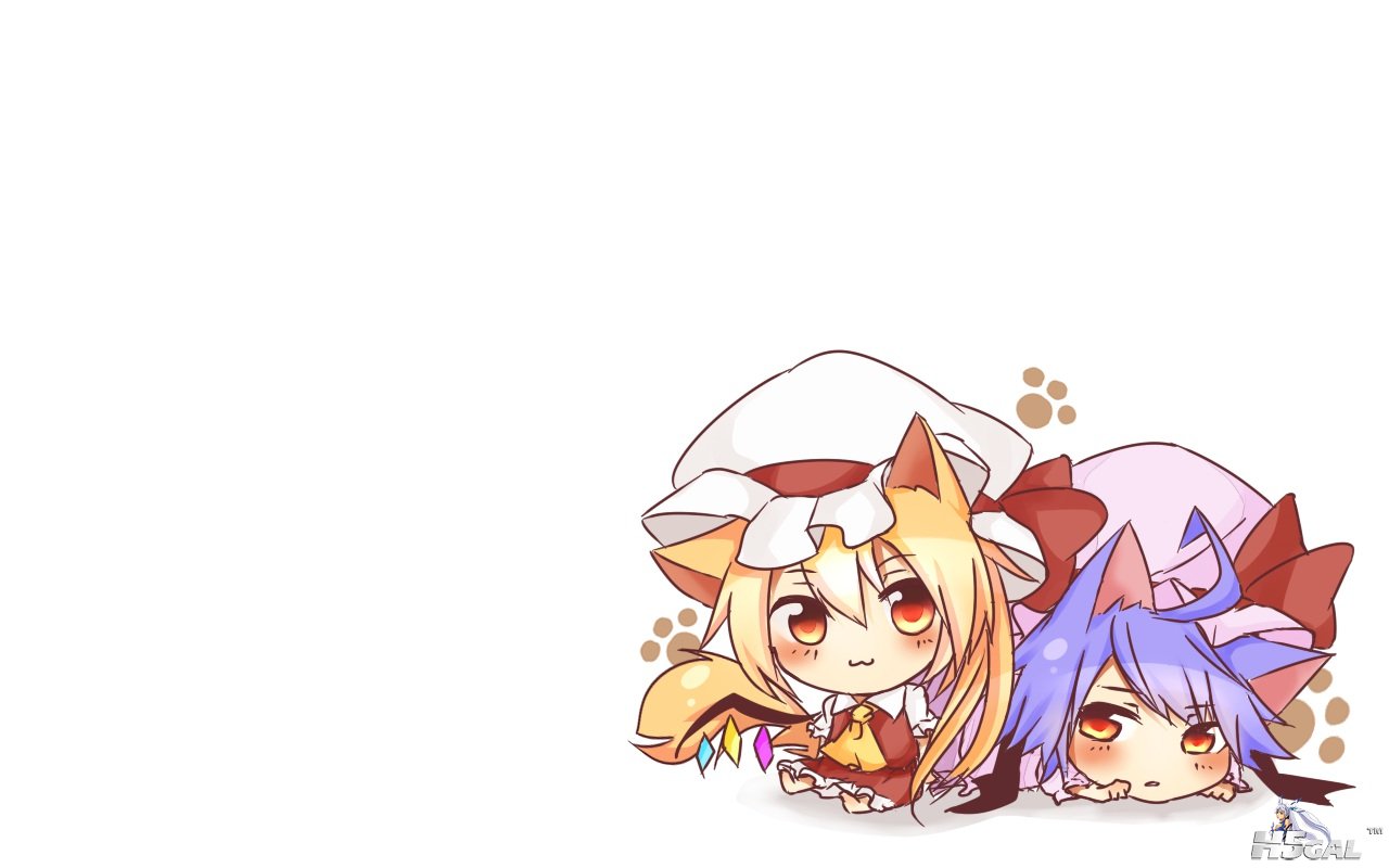 animal_ears barefoot blonde_hair blue_hair blush cat_smile chibi foxgirl red_eye.jpg