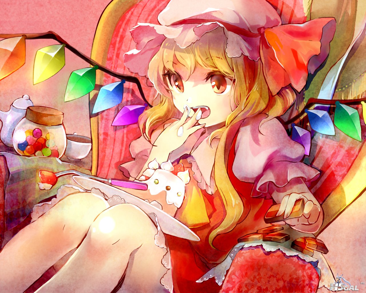 Konachan_com - 166571 blonde_hair cake candy fang flandre_scarlet food hat i_wan.jpg