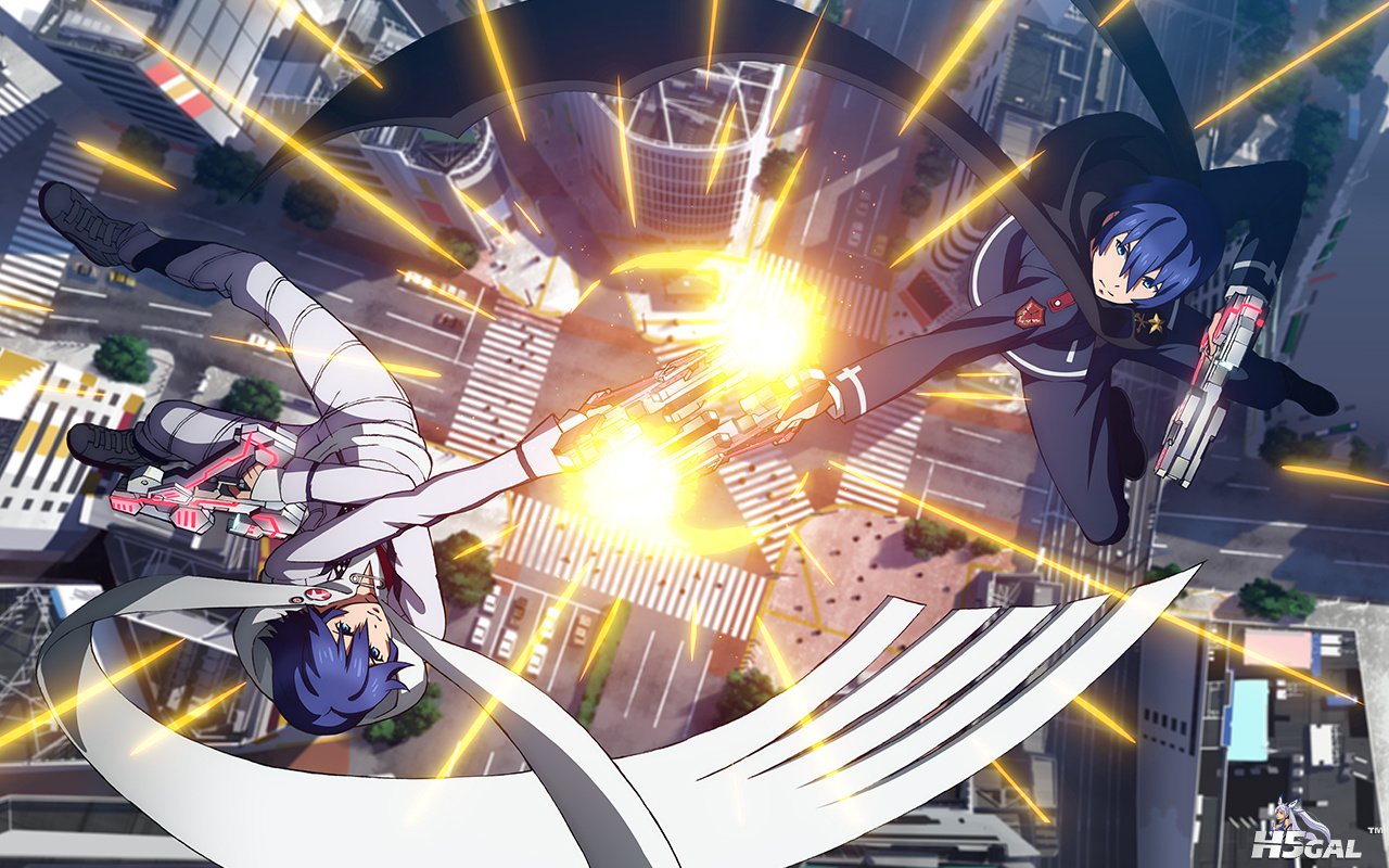 2boys blue_eyes blue_hair dual_persona gun gunslinger_stratos kazasumi_tohru mul.jpg