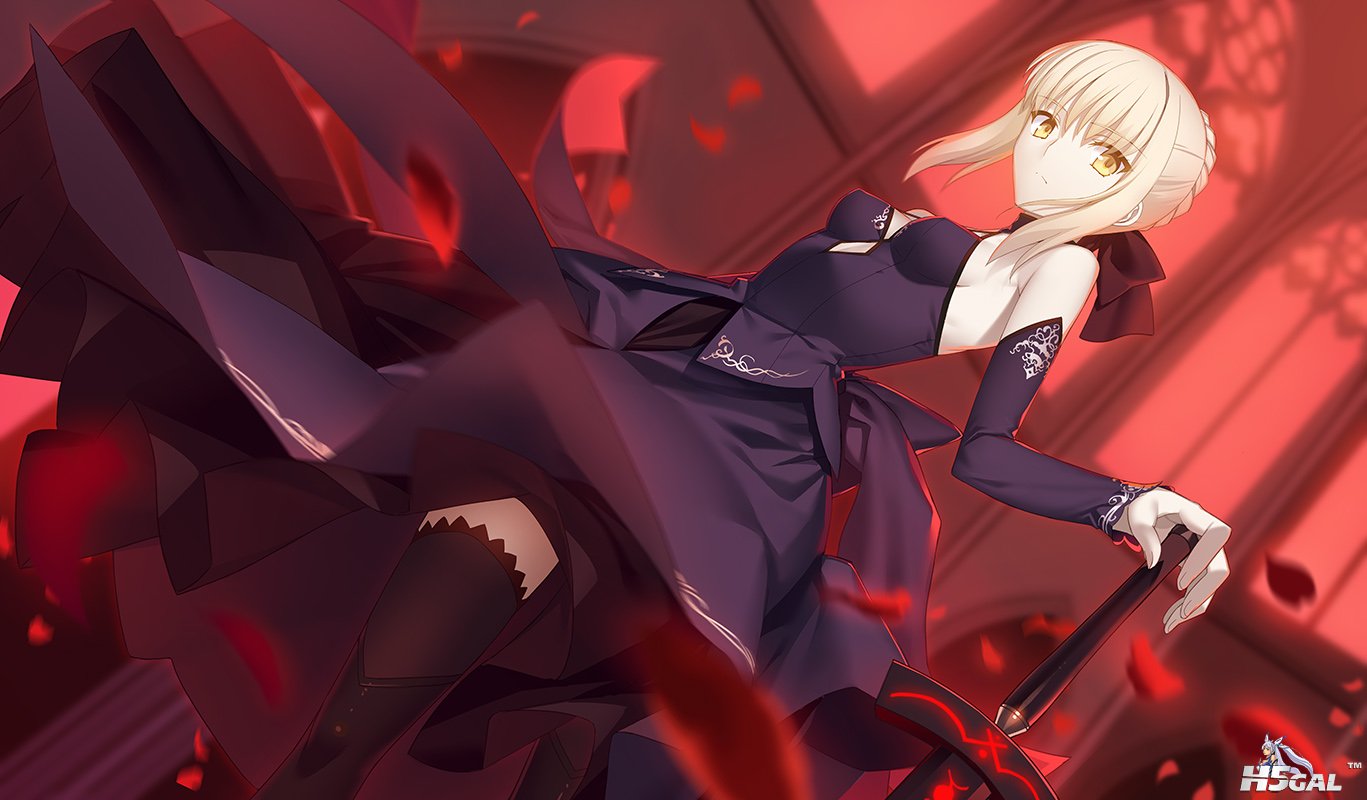 Konachan.com - 199991 blonde_hair bow braids breasts cleavage dress fate_stay_ni.jpg